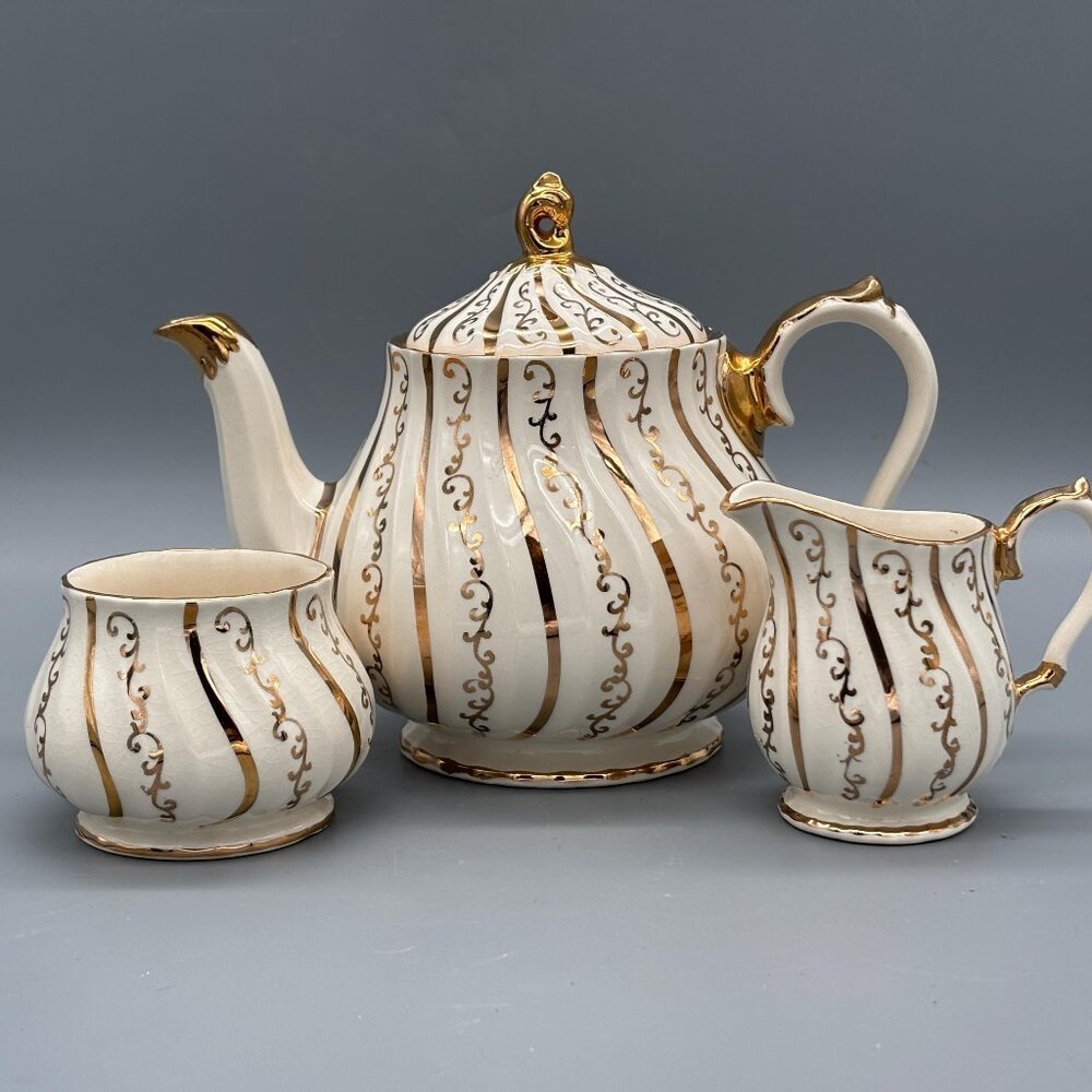 Vintage Sadler Teapot 4 PC Set w/ Sugar Bowl & Creamer | England | Gold Swirl
